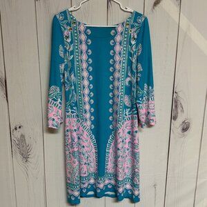 Lilly Pulitzer Tana Dress M Turquoise “Water Ya Waiting” UPF 50 EUC